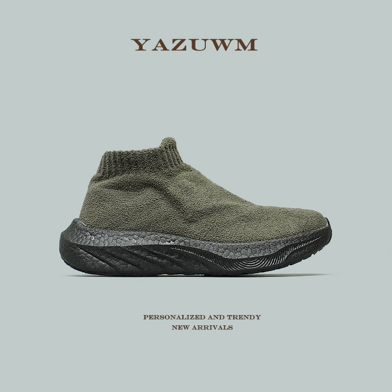 秋冬款呢绒弹力网布中高帮一脚蹬袜子鞋男女情侣款软底健身健步鞋,流行男鞋,健步鞋,淘宝优惠券,粉丝福利购,淘宝优惠卷