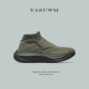 秋冬款呢绒弹力网布中高帮一脚蹬袜子鞋男女情侣款软底健身健步鞋