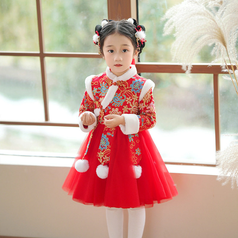 女童连衣裙秋冬款新年衣服唐装公主裙过年拜年服加绒加厚喜庆裙子