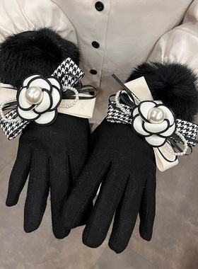 名媛小香风蝴蝶结珍珠山茶花气质羊绒分指手套兔毛保暖骑车触屏女