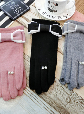 香风新款蝴蝶结边分指手套戒指羊绒触屏款韩版同款分指手套