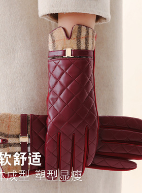 法式英伦格子仿山羊皮仿真皮手套女士秋冬季加绒保暖触屏开车骑行