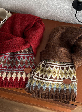 复古氛围感加厚保暖高品质围脖冬季费尔岛风撞色针织圣诞围巾围脖