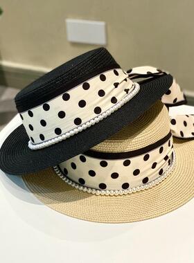 日系简约波点帽女夏季遮阳防晒度假沙滩帽法式平顶白色礼帽出游
