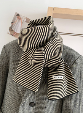 清冷高智感日系文艺针织条纹围巾女时髦百搭凹造型小围脖秋冬保暖