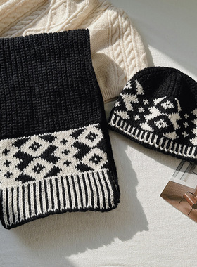 费尔岛慵懒极简风针织围巾帽子两件套女冬季加厚保暖学生围脖套装