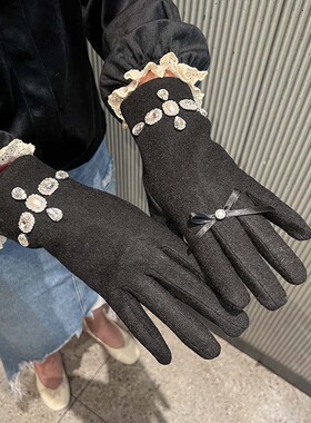 巴洛克风气质高端水钻珍珠羊绒手套分指加绒加厚保暖骑车触屏手套