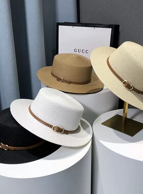 夏天遮阳草帽女简约时尚英伦风平礼帽海边度假沙滩防晒太阳帽子