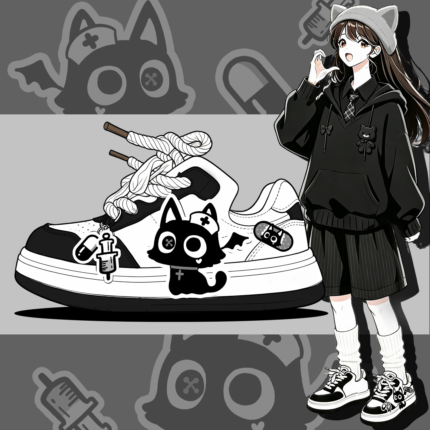 艾米与麦麦日系亚文化卡通板鞋女低帮学生运动休闲鞋甜酷女孩鞋子