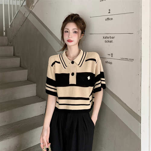 Vintage Polo neck knit chic short sleeve T-shirt stitched striped loose top