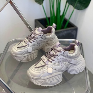 松糕厚底时尚真皮圆头老爹鞋女2025秋季新款配阔腿裤简约休闲鞋