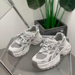 时尚秀气网面真皮厚底百搭老爹鞋女2026春季新款显瘦休闲运动鞋