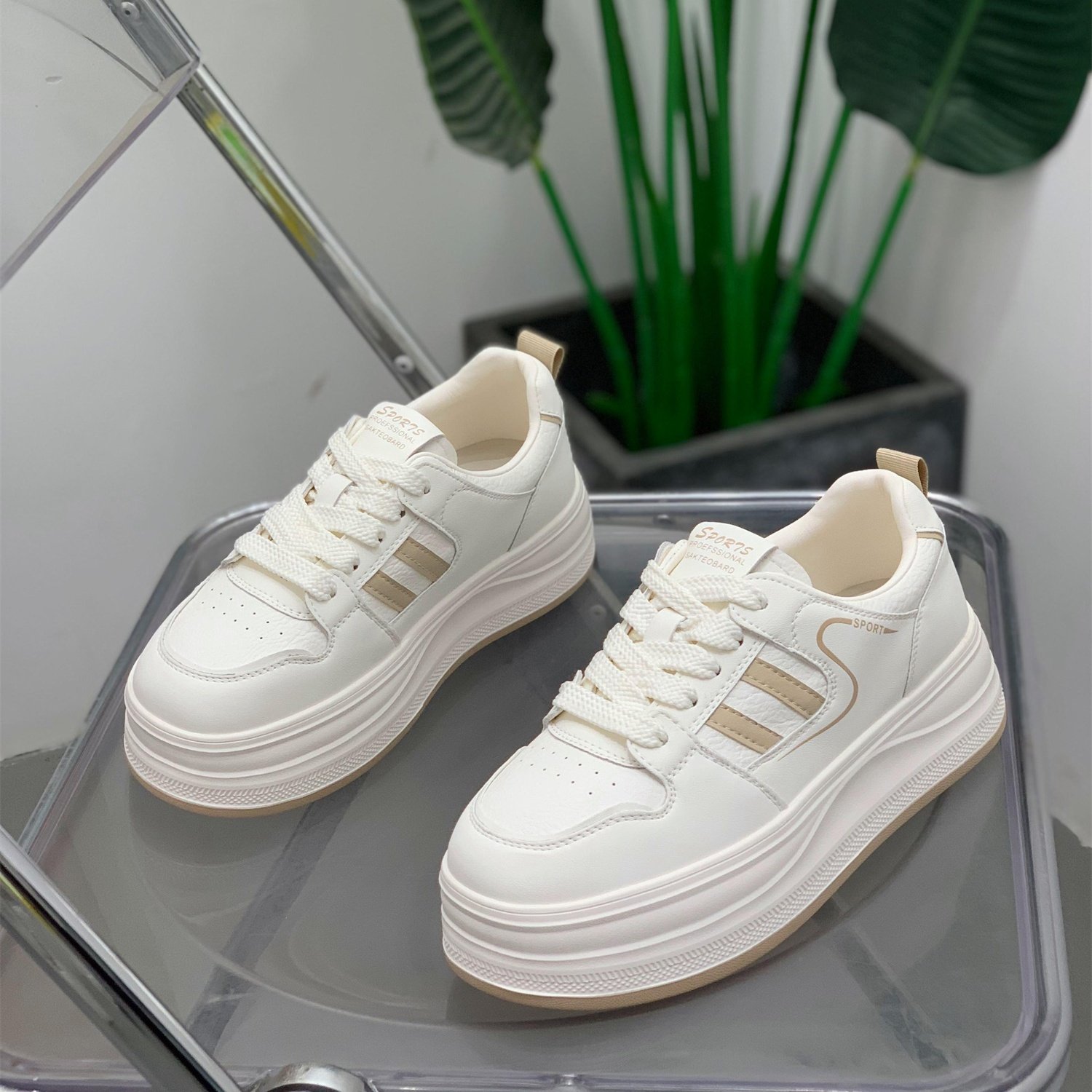 时尚条纹厚底真皮圆头百搭小白鞋女2026春季新款轻便舒适休闲板鞋,女鞋,时尚休闲鞋,淘宝优惠券,粉丝福利购,淘宝优惠卷