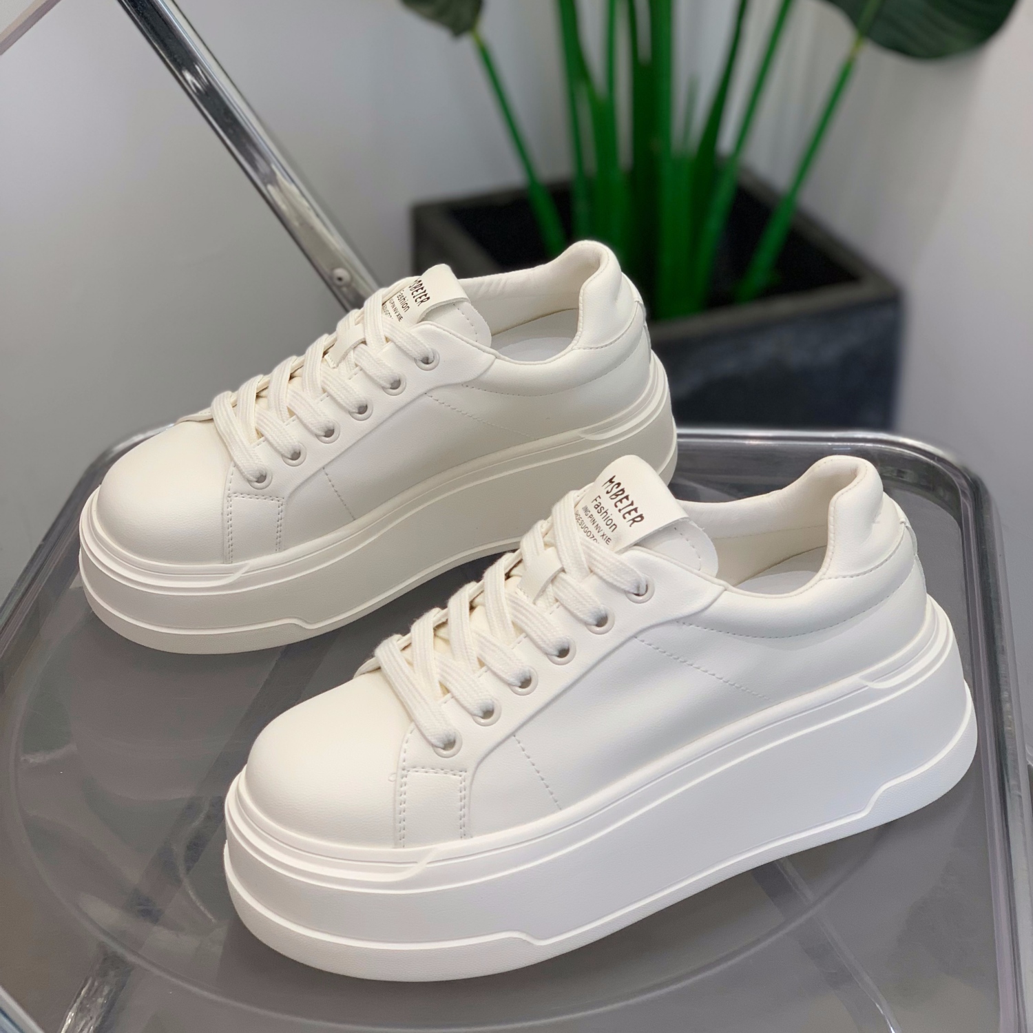 真皮小白鞋女增高系带松糕鞋