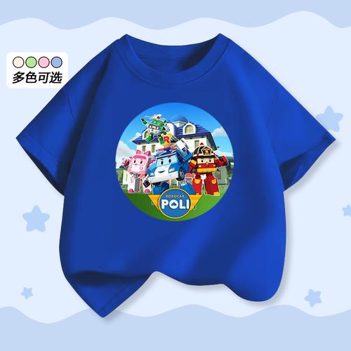 变形警车POLI卡通短袖男女童T恤