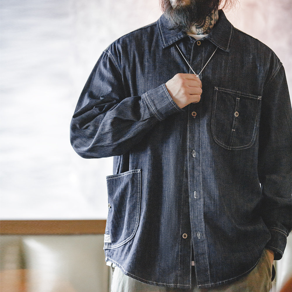 马登工装美式复古水洗丹宁牛仔衬衫大口袋长袖辑明线宽松寸衣男秋