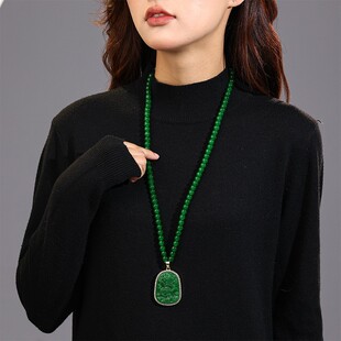 祖母绿串珠项链佛像龙牌吊坠女长款复古简约百搭毛衣链配饰挂件潮