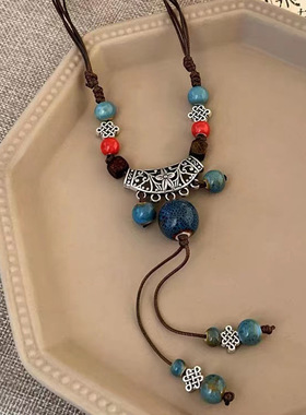 民族风挂件陶瓷项链新中式复古风吊坠项链女毛衣款百搭女唐装汉服