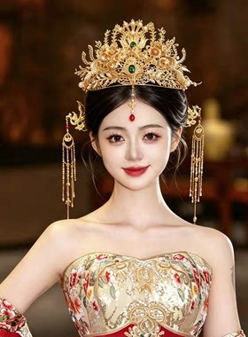 新中式国风旗袍金色凤凰发冠流苏女汉服婚服新娘头饰秀禾婚嫁华丽