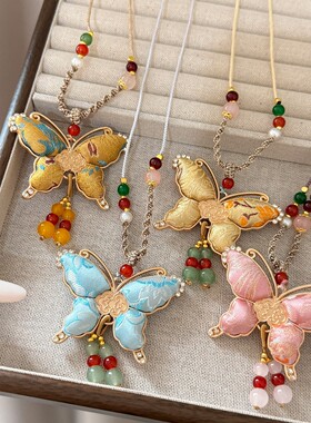 新中式国风串珠简约吊坠蝴蝶流苏项链女旗袍高级感旗袍毛衣链配饰