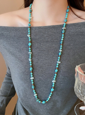 新中式国风旗袍唐装天然绿松石串珠叠戴项链毛衣链配饰挂件高级感