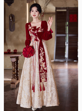 中式敬酒服新娘2025新款秋季订婚礼服裙大码胖mm显瘦回门服酒红色