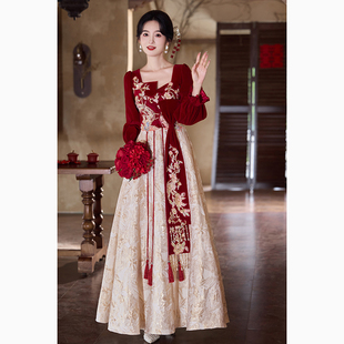 订婚礼服裙大码 秋季 胖mm显瘦回门服酒红色 敬酒服新娘2025新款 中式