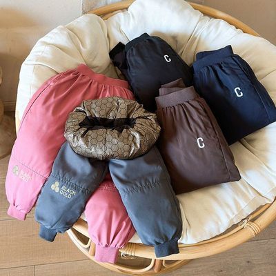 冬季新款儿童羽丝绒丝裤子中大童保暖休闲工装裤男童女童外穿厚款