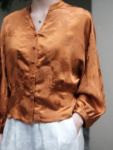 盛唐牡丹新中式 真丝冠乐绉焦糖色对襟上衣拍下改价1880 2023秋季