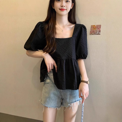 大码女装法式泡泡袖荷叶边短袖上衣小众方领衬衫女夏季胖mm遮
