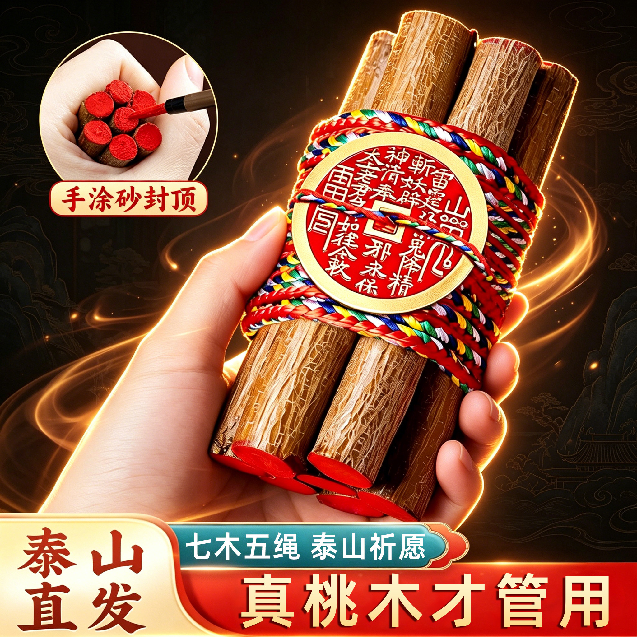 桃木枝棍摆件桃树枝条婴儿原木七根五色线绳7cm老东南山鬼剑挂件