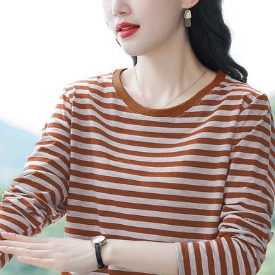 2025新款早春宽松大码打底衫纯棉长袖t恤女秋衣外穿条纹上衣薄款