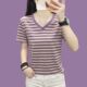 中年妈妈宽松大码 纯棉短袖 条纹半袖 新款 显瘦上衣V领 女士T恤夏装