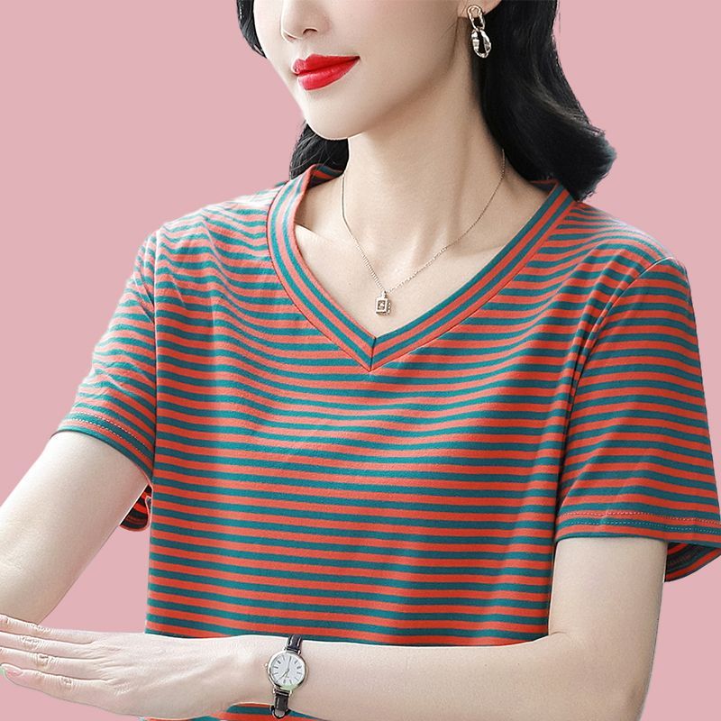 今年新款纯棉短袖t恤女条纹上衣服夏季宽松大码显瘦洋气体恤半袖