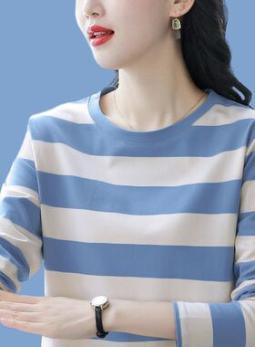 纯棉长袖条纹正肩t恤女秋季装新款宽松大码打底衫气质妈妈上衣服