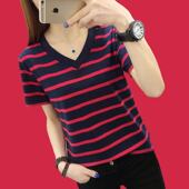 T恤女2025夏季 上衣服薄款 新款 宽松中年妈妈半袖 大码 纯棉条纹短袖