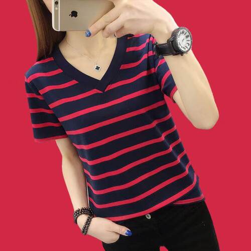 纯棉条纹短袖T恤女2025夏季新款大码宽松中年妈妈半袖上衣服薄款