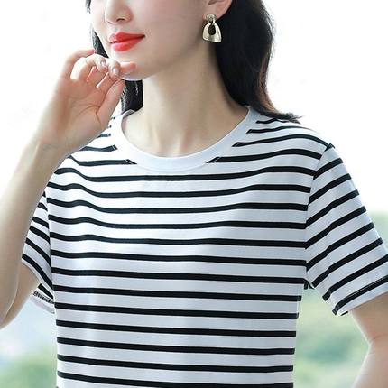 纯棉短袖t恤女新款夏季宽松大码条纹半袖遮肚子高档妈妈上衣显瘦