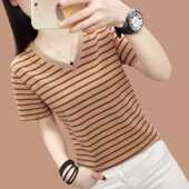 条纹小衫 2025夏装 t恤女宽松上衣服中年妈妈半袖 纯棉V领短袖 新款