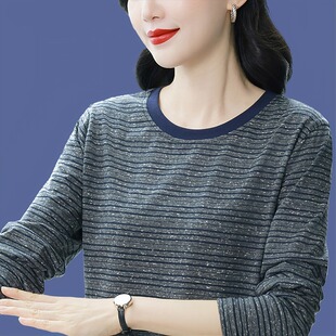 棉质长袖t恤女士秋季装新款上衣条纹宽松大码打底衫秋衣外穿内搭