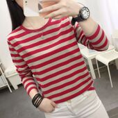 t恤女今年秋装 上衣薄款 新款 宽松大码 中年妈妈打底衫 纯棉条纹长袖