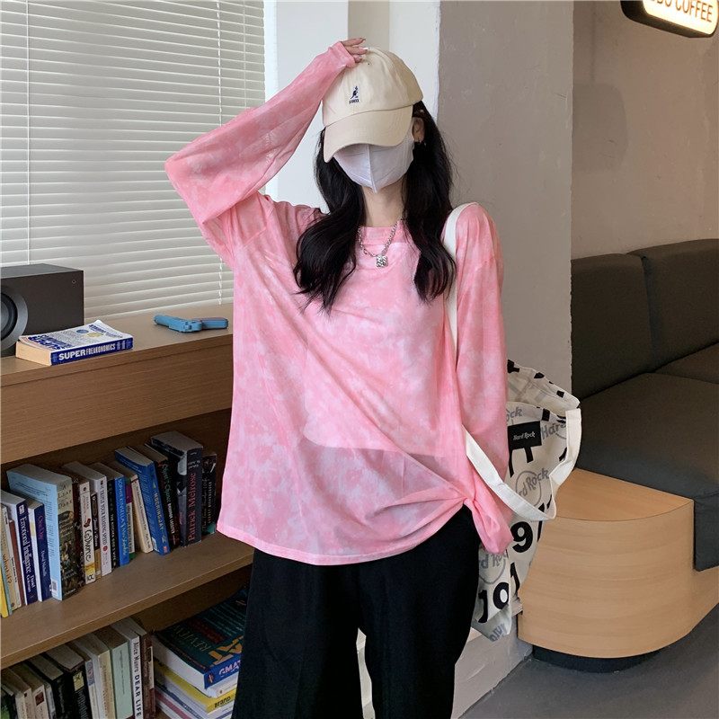 扎染渐变粉色网纱长袖T恤套头罩衫防晒服女薄款夏季上衣紫外线透