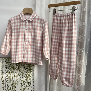 无印 无侧缝纯棉法兰绒磨毛男女孩儿童春秋加厚格子睡衣家居套装