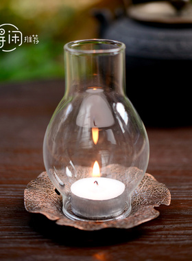 禅意玻璃灯罩烛台铜艺残叶底座中式复古茶室摆件防风灯罩