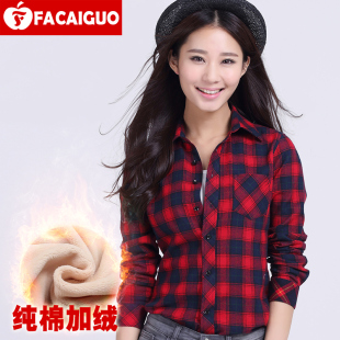 女长袖 女装 寸秋冬新款 大码 衬衣 打底加绒加厚修身 纯棉格子保暖衬衫