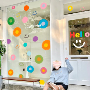 ins风卡通圆点玻璃门贴纸可爱奶茶餐厅网红店橱布置窗花静电贴画