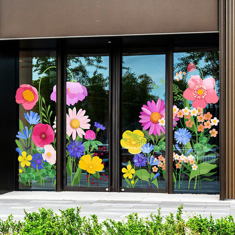 双面彩色超大花朵商场大玻璃门橱窗隔断静电贴画春季氛围装饰贴纸
