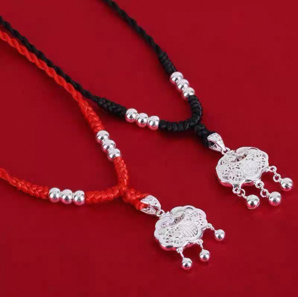 足银999长命锁平安锁吊坠项链女纯银定制编绳银锁宝宝小银锁福锁