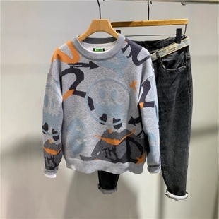 时尚 韩版 创意印花圆领针织线衣保暖打底 男士 笑脸印花套头毛衣冬季