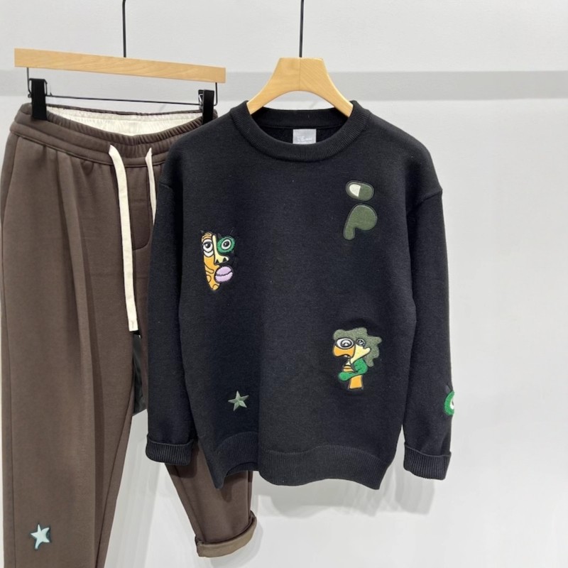 秋冬季新款时尚刺绣贴标毛衣韩版潮流休闲套头男士圆领针织衫毛衣